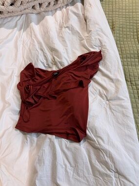 Express One-Shoulder Ruffle Crop Top in Rust